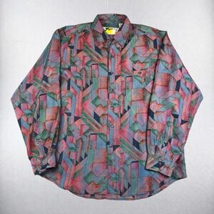 Vintage Button Shirt Mens Medium Abstract Disco Funky Pastel Art 100% Silk 70s
